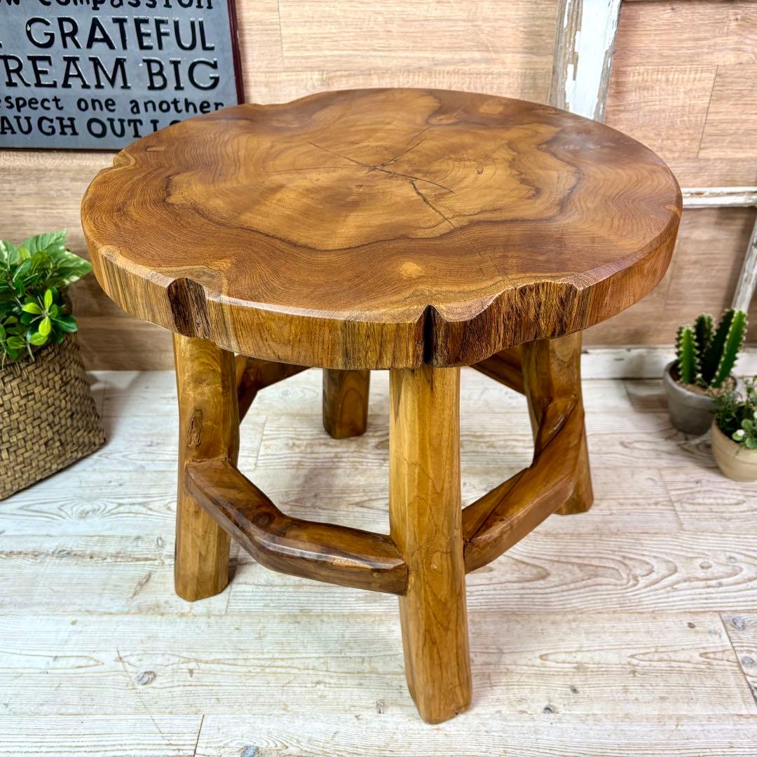 オールドチーク天然無垢材木製創作極太サイドテーブル L（直径54㎝）ウッド飾り台
