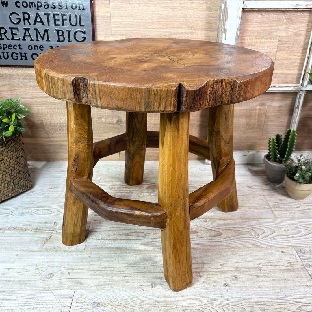 オールドチーク天然無垢材木製創作極太サイドテーブル L（直径54㎝）ウッド飾り台
