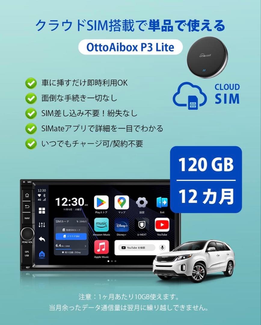 Ottocast P3 Lite eSIM容量120GB付き
