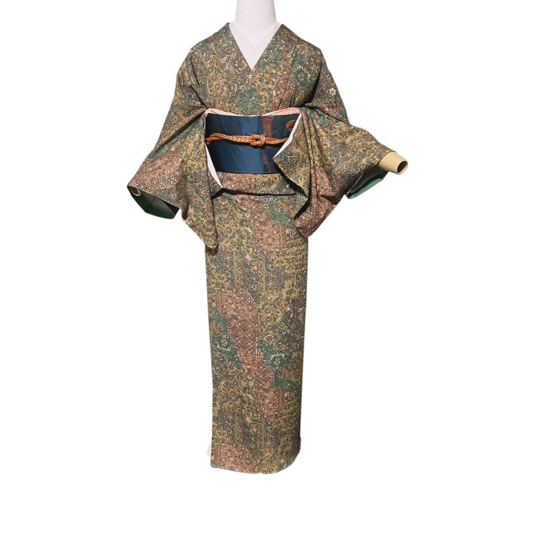 正絹　未使用　新品同様　美品　袷　正絹　江戸更紗　小紋　フルセット　4点