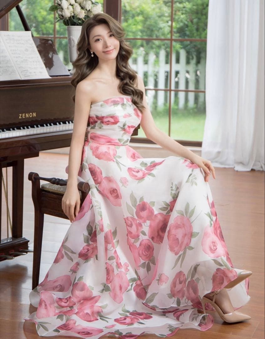 [SETTAN]ホワイト×ピンクフラワープリント・ベア・Aライン・ロングドレス