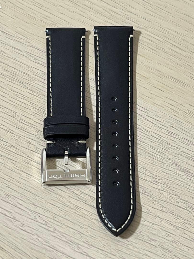 Hamilton レザーベルト 20mm 黒カーフ　尾錠ばね棒ストラップケース付