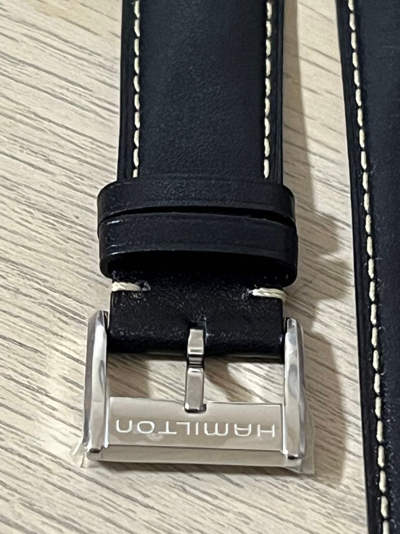 Hamilton レザーベルト 20mm 黒カーフ　尾錠ばね棒ストラップケース付