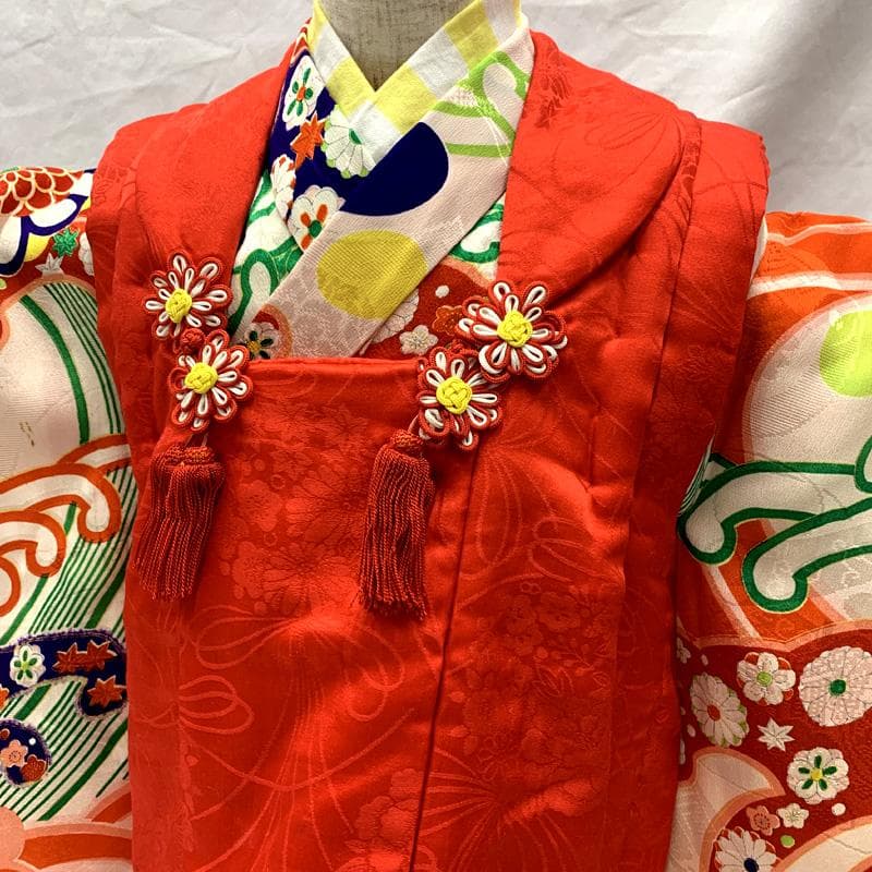 510ag45□七五三 三歳 セミアンティーク 女児 着物&被布 菊 水玉□良好