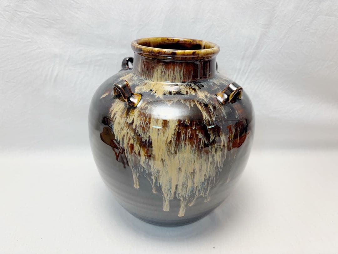 ほぼ未使用 茶道具 洛東 樋谷定一作 天目釉 茶壺 飾壺 飾網紐付 陶印 共箱