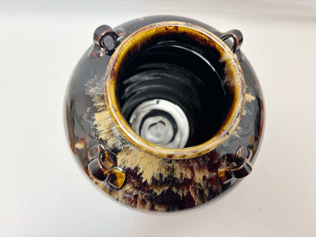 ほぼ未使用 茶道具 洛東 樋谷定一作 天目釉 茶壺 飾壺 飾網紐付 陶印 共箱