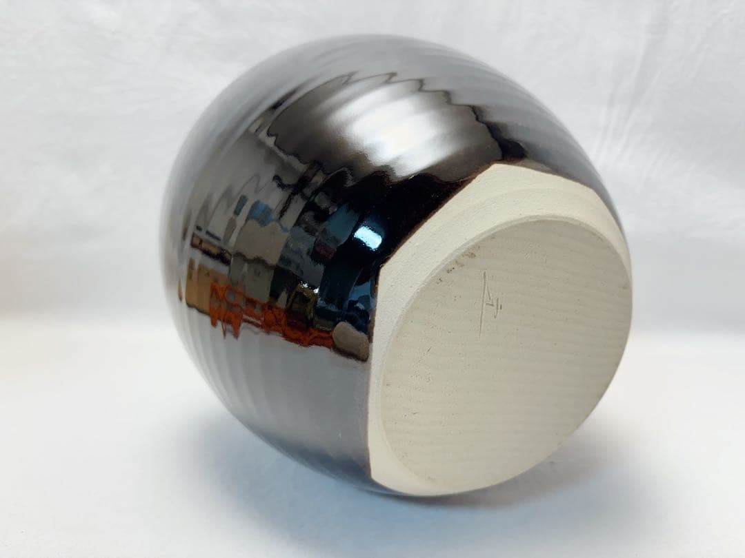 ほぼ未使用 茶道具 洛東 樋谷定一作 天目釉 茶壺 飾壺 飾網紐付 陶印 共箱