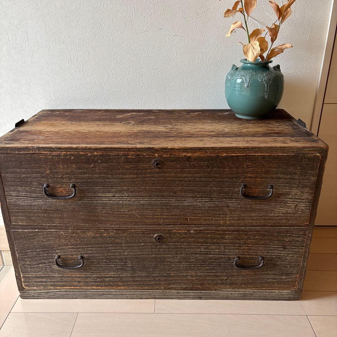 木製アンティーク箪笥 ダークブラウン 2段引き出し　昭和　レトロ