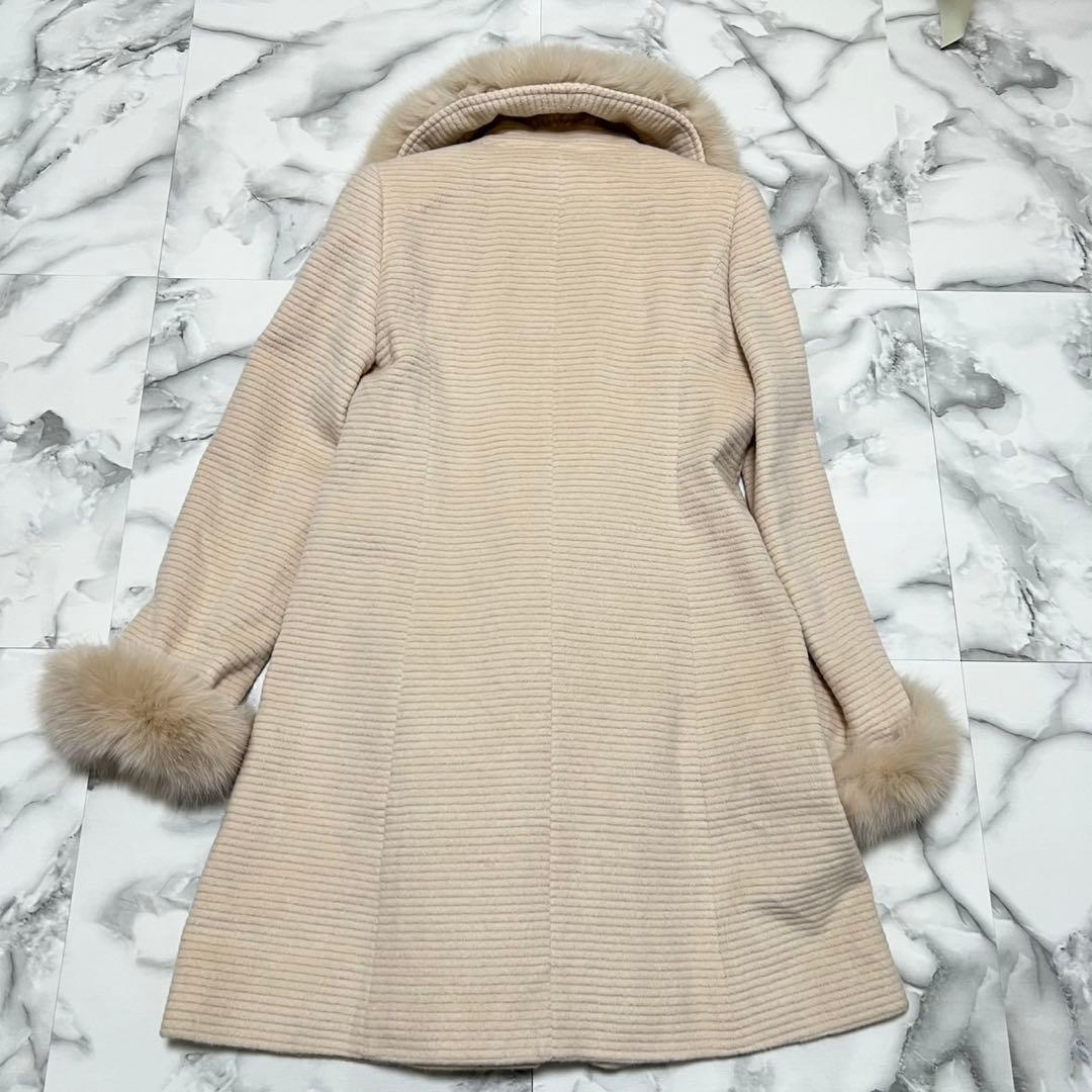 【美品】クレージュ　ロングコート　アンゴラ　フォックスファー　ロゴ総柄　ベージュ