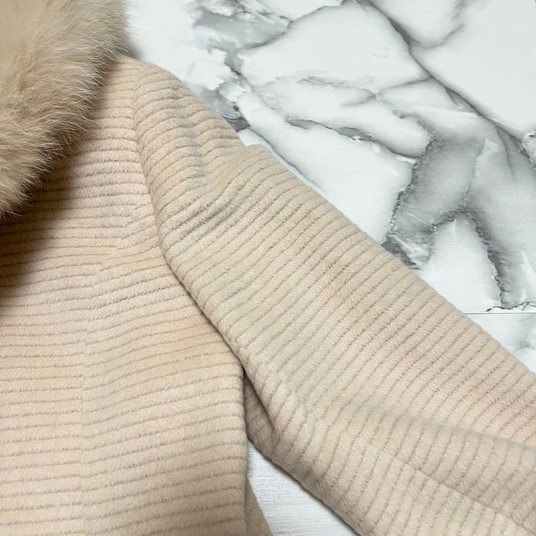 【美品】クレージュ　ロングコート　アンゴラ　フォックスファー　ロゴ総柄　ベージュ