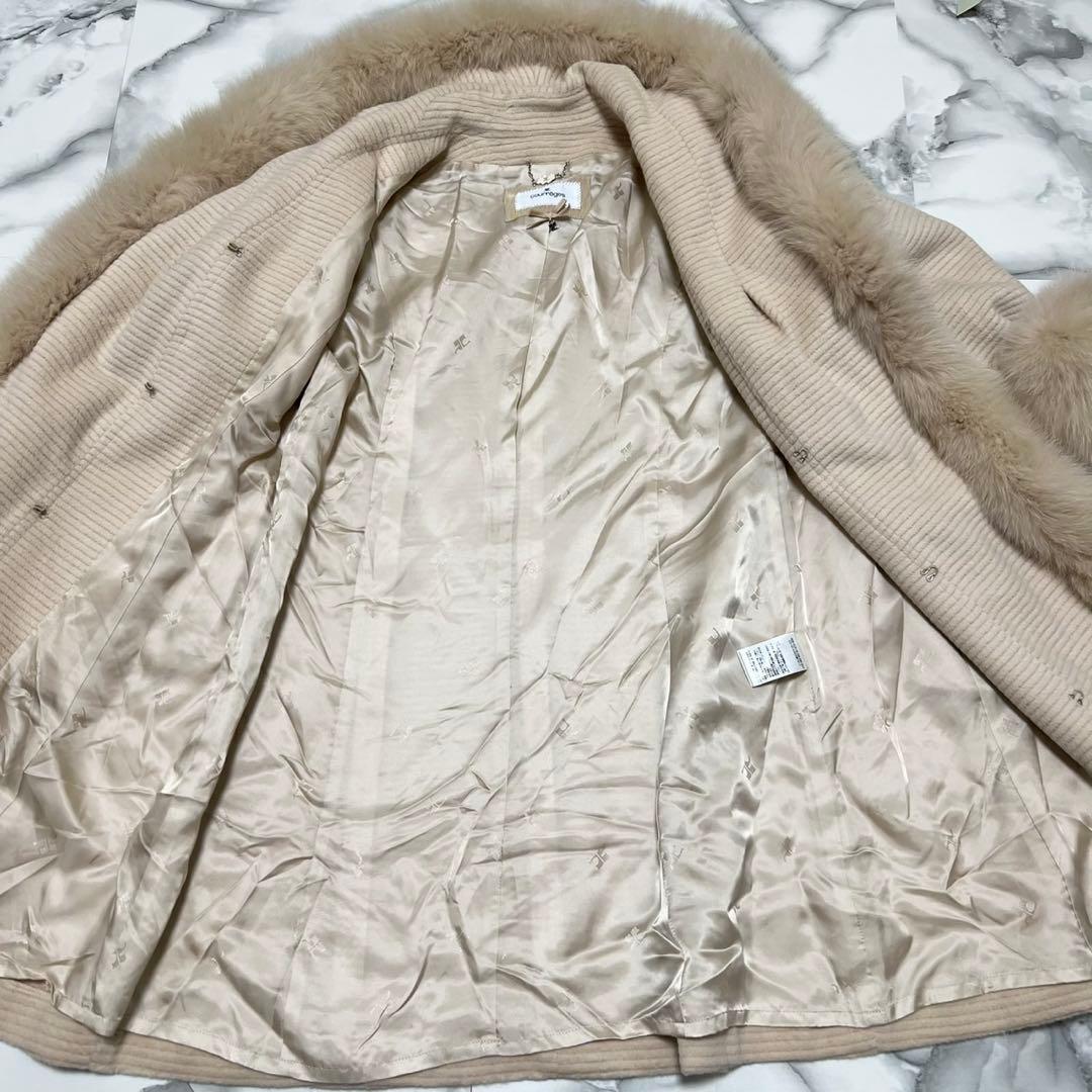 【美品】クレージュ　ロングコート　アンゴラ　フォックスファー　ロゴ総柄　ベージュ