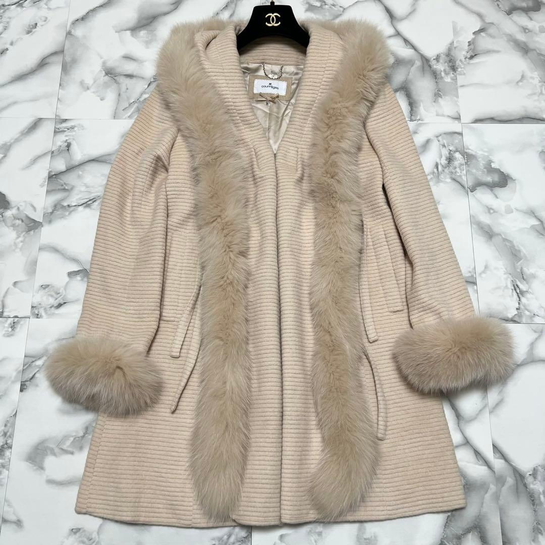 【美品】クレージュ　ロングコート　アンゴラ　フォックスファー　ロゴ総柄　ベージュ