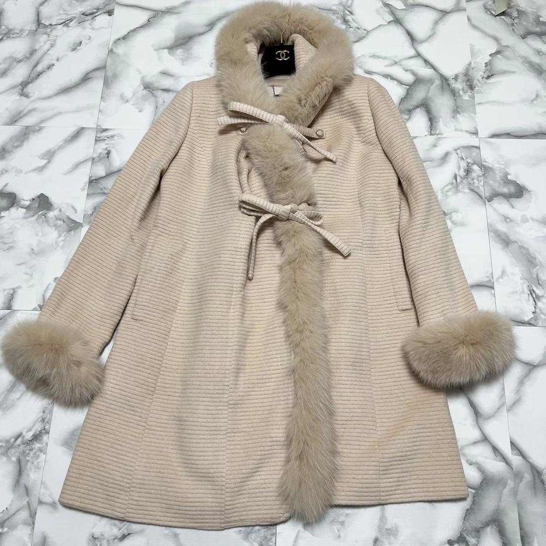 【美品】クレージュ　ロングコート　アンゴラ　フォックスファー　ロゴ総柄　ベージュ