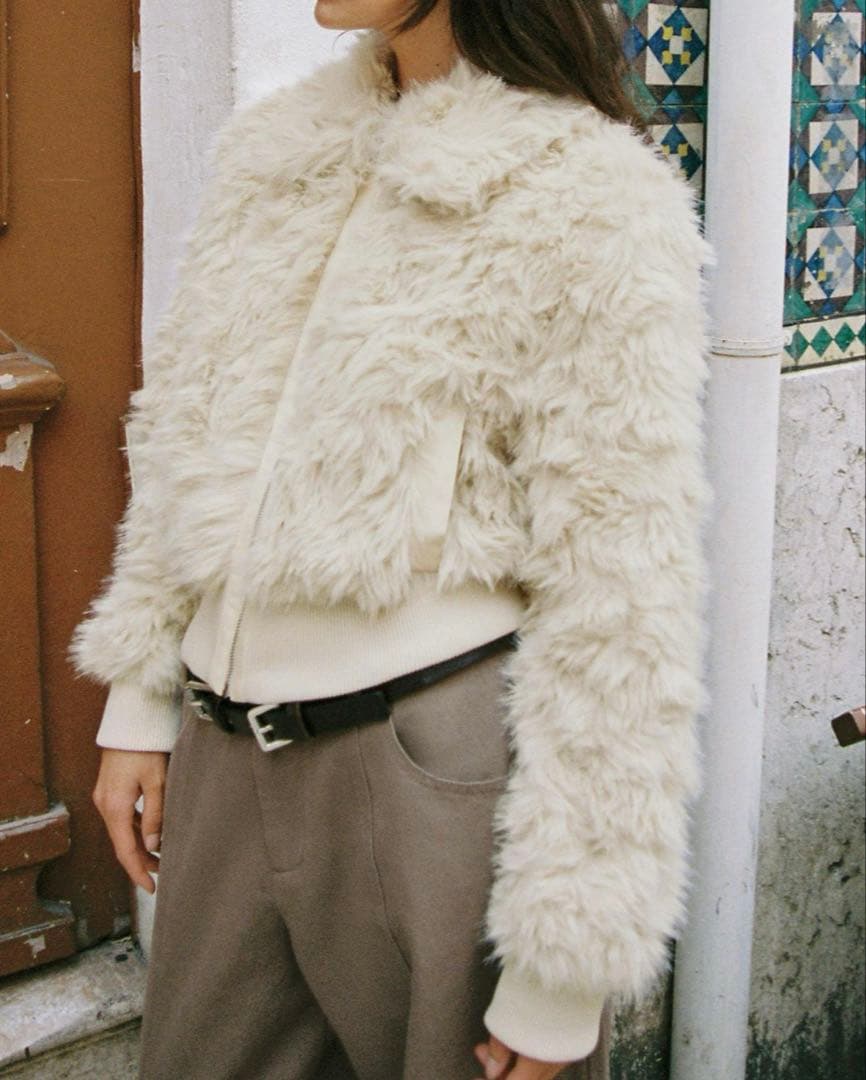 ZARA ファージャケット コート L オフホワイト