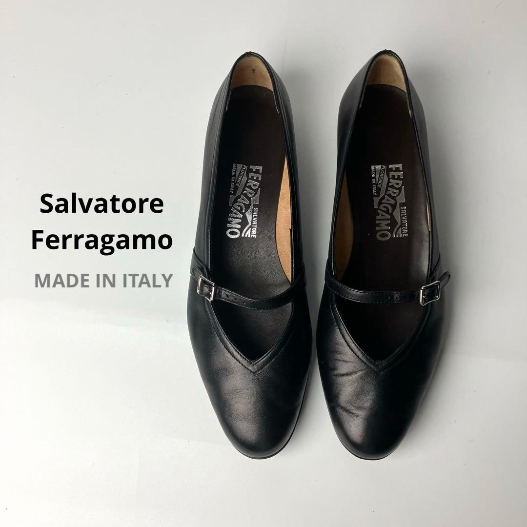 【美品】フェラガモ　Vカットフラットシューズ　Audrey ナッパレザー24.5