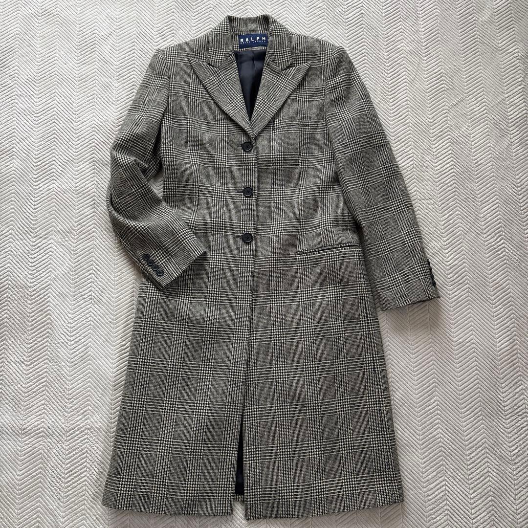 【美品】ラルフローレン　チェスターコートM　千鳥格子チェック　ウール　女優襟