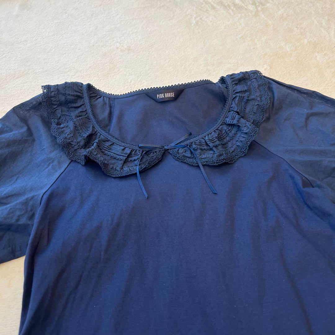 【極美品】ピンクハウス　刺繍レース　フリル襟カットソー　ネイビー