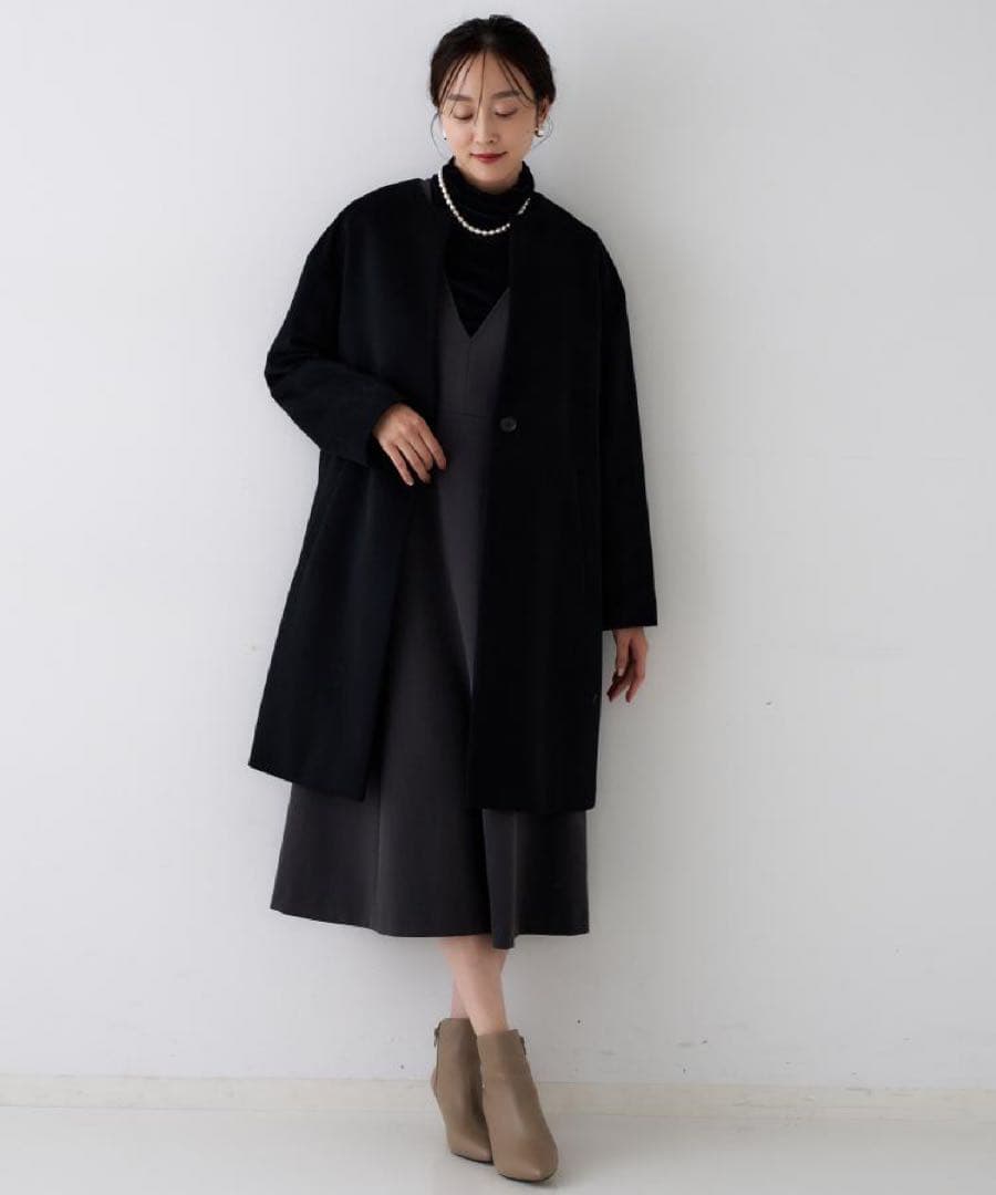 UNTITLED アンタイトル カシミヤ混ノーカラーコート 黒 ブラック 5L