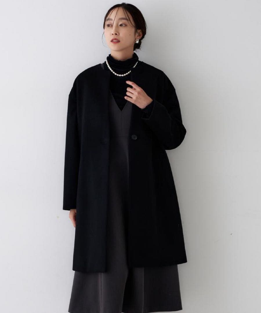 UNTITLED アンタイトル カシミヤ混ノーカラーコート 黒 ブラック 5L