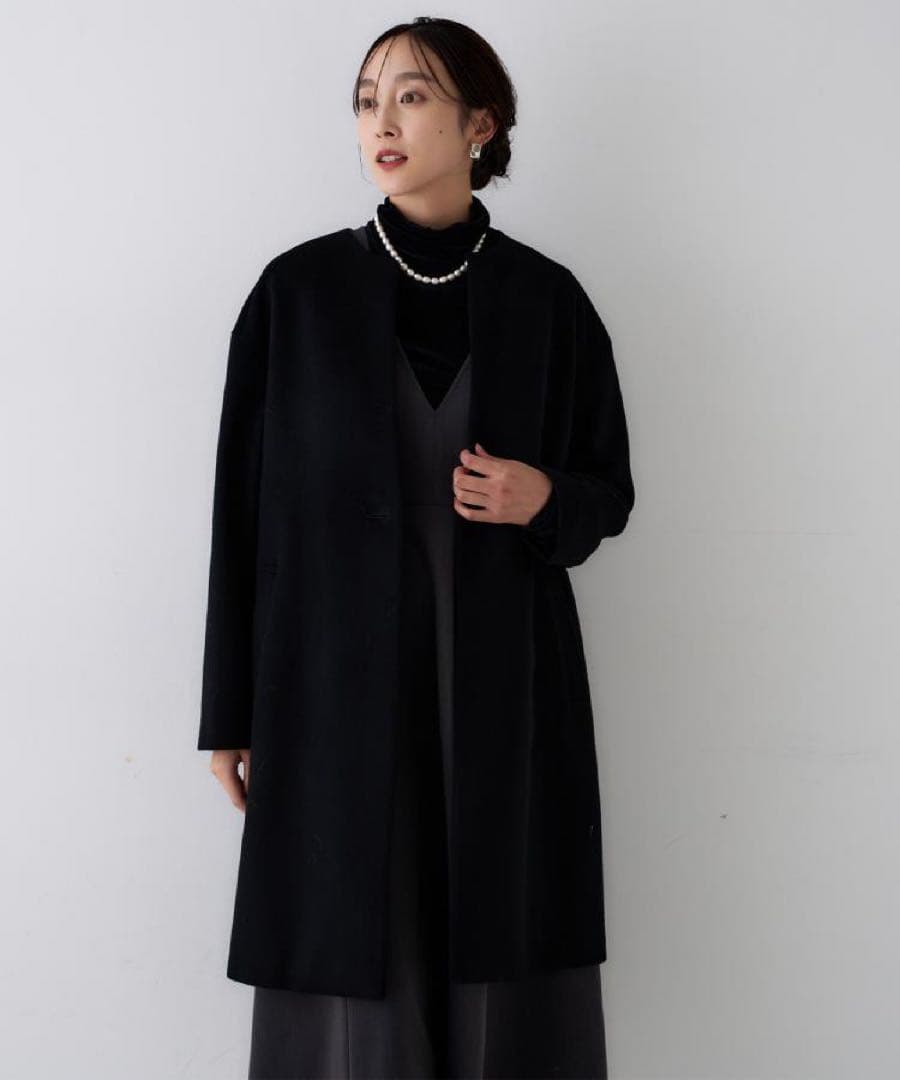 UNTITLED アンタイトル カシミヤ混ノーカラーコート 黒 ブラック 5L