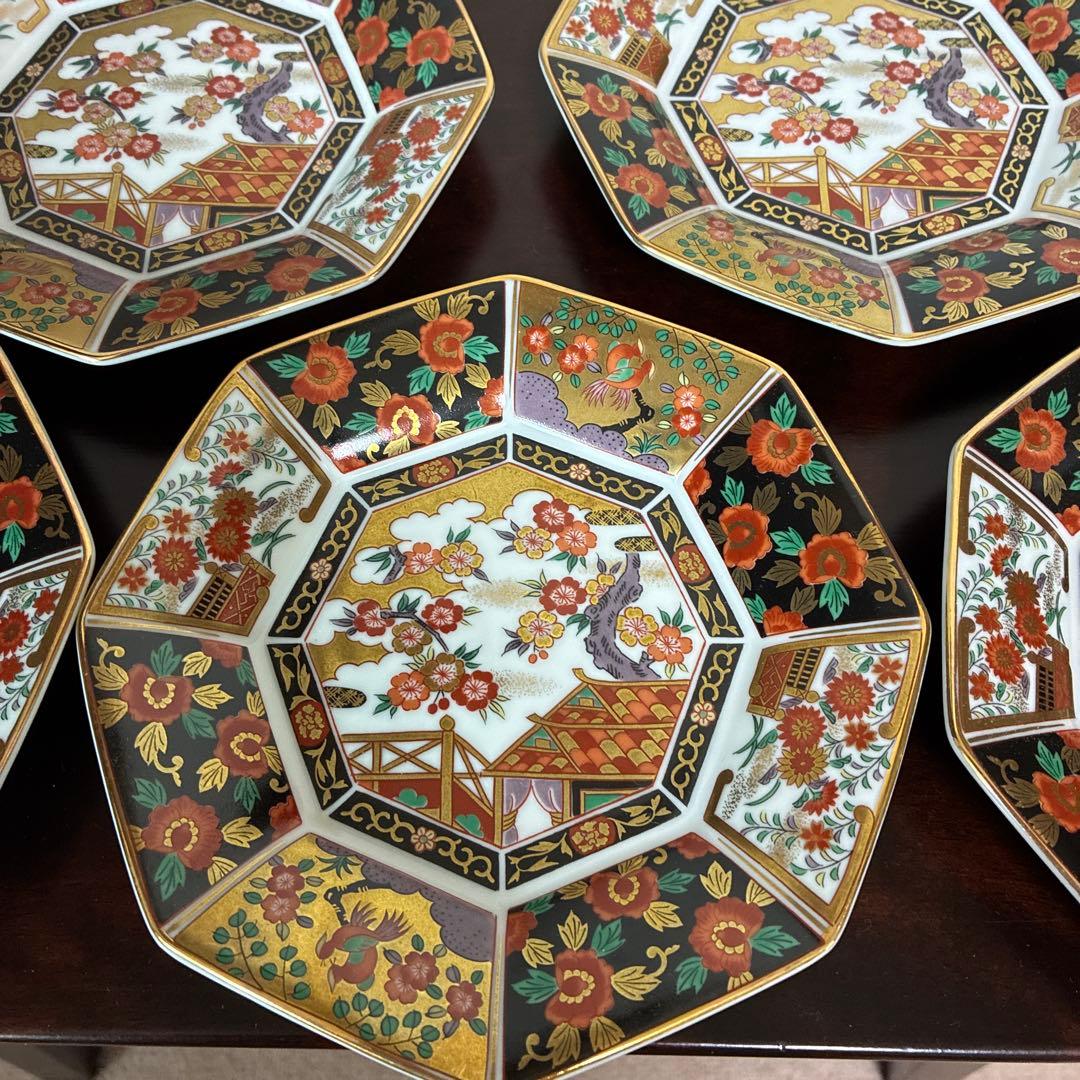 有田焼　青藍窯　古伊万里紋 金蘭手　金彩　八角皿　5枚揃　お正月取り皿