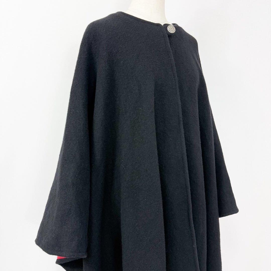 英国製 ウール カシミヤ ケープコート ポンチョ マント ブラック S746b