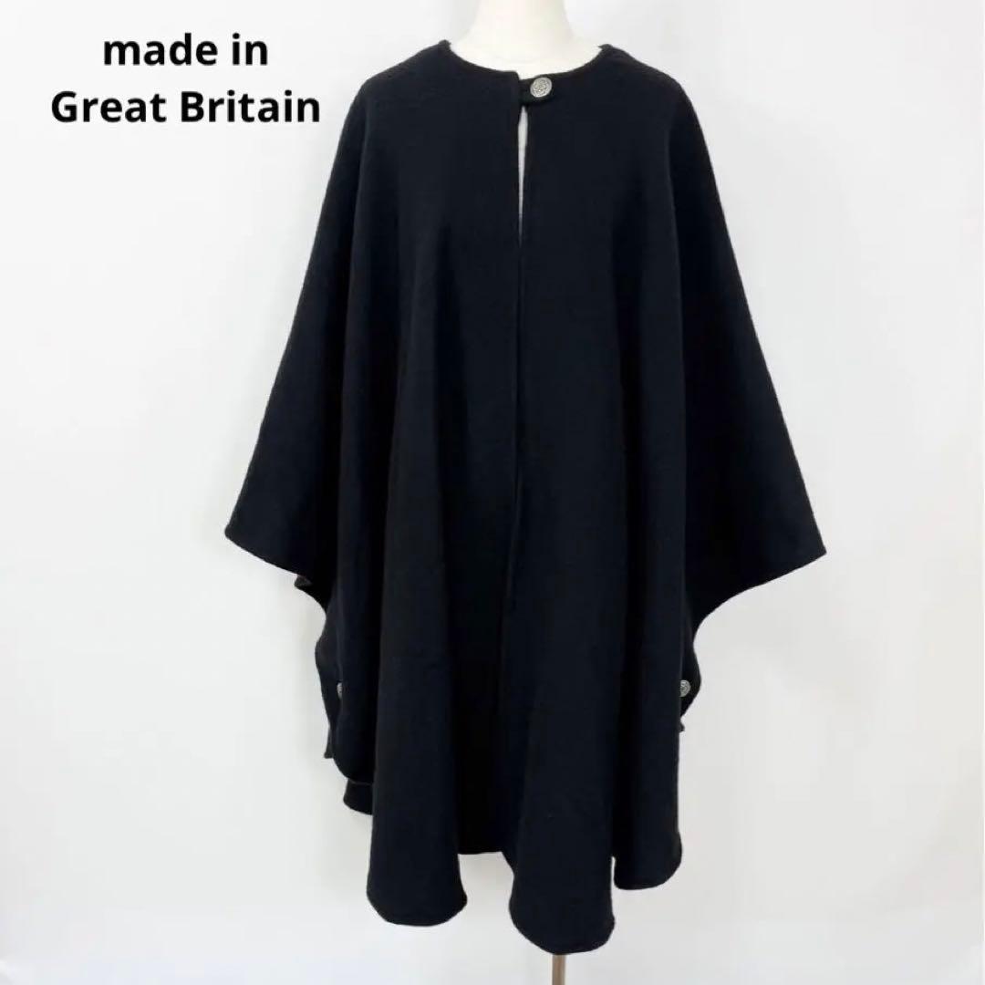 英国製 ウール カシミヤ ケープコート ポンチョ マント ブラック S746b
