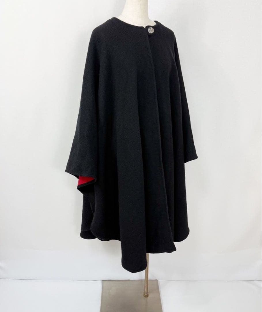 英国製 ウール カシミヤ ケープコート ポンチョ マント ブラック S746b