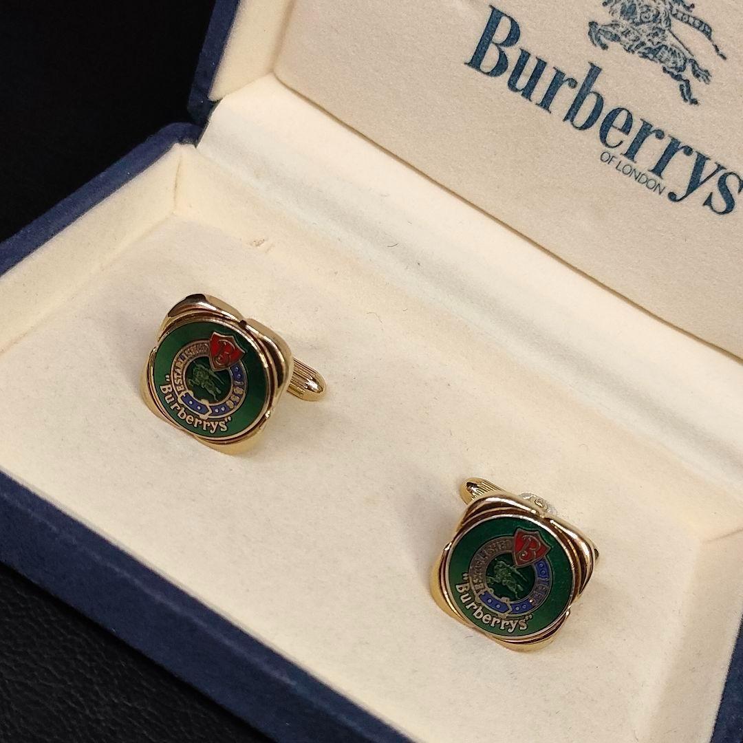 【極美品】Burberryバーバリー　カフス　グリーン　ゴールド 　ブルー　騎馬