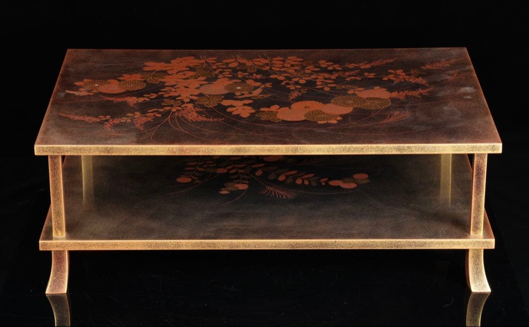 金蒔絵螺鈿黒漆 二段平卓 文机 花台 飾台 茶道具 木箱付 幅52.5㎝ 工芸品