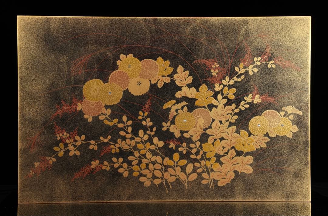 金蒔絵螺鈿黒漆 二段平卓 文机 花台 飾台 茶道具 木箱付 幅52.5㎝ 工芸品