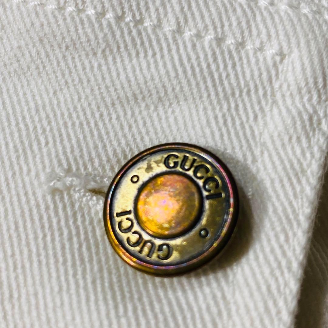 美品 GUCCI ホワイト デニムジャケット ロゴ刺繍 Gジャン 金ボタン