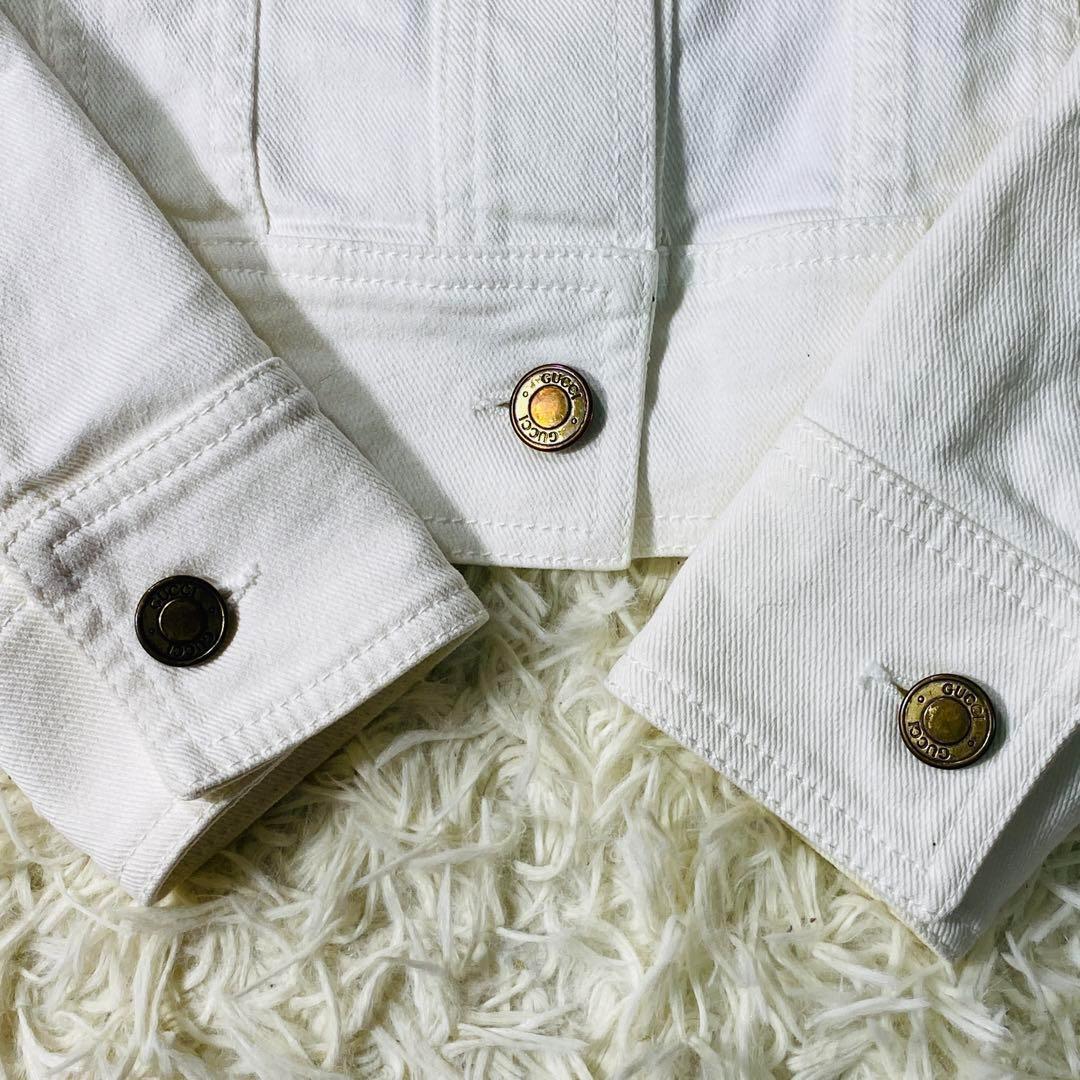 美品 GUCCI ホワイト デニムジャケット ロゴ刺繍 Gジャン 金ボタン