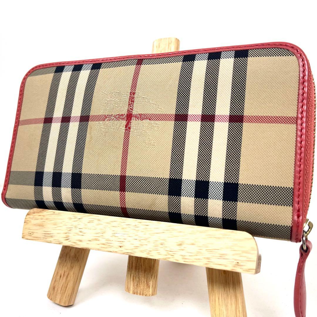 バーバリー　長財布　ノバチェック　本革　ラウンドファスナー　ロゴ　シャドーホース