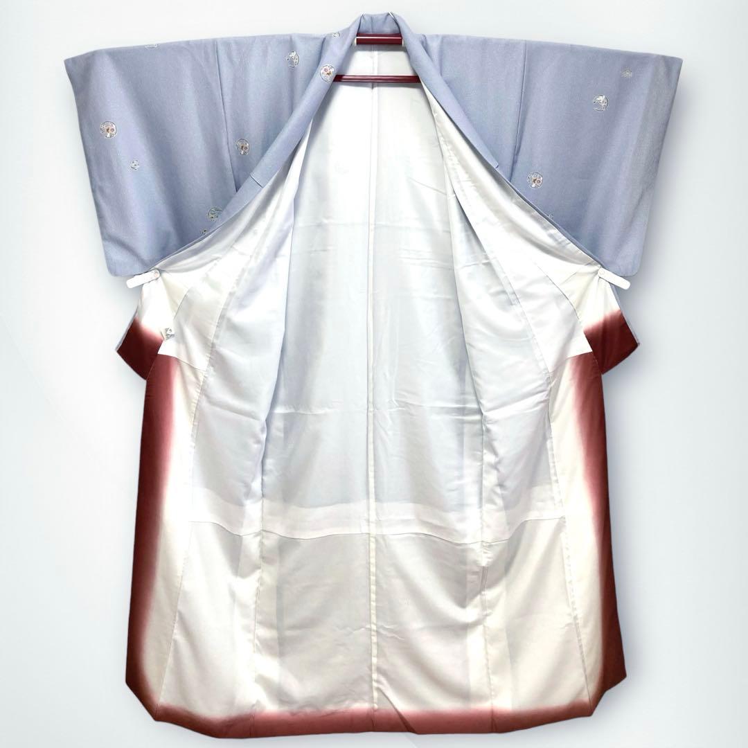 【美品✨】東レシルック　洗える着物　飛び柄小紋　空色鼠　四季花丸文　ⅯサイズM4