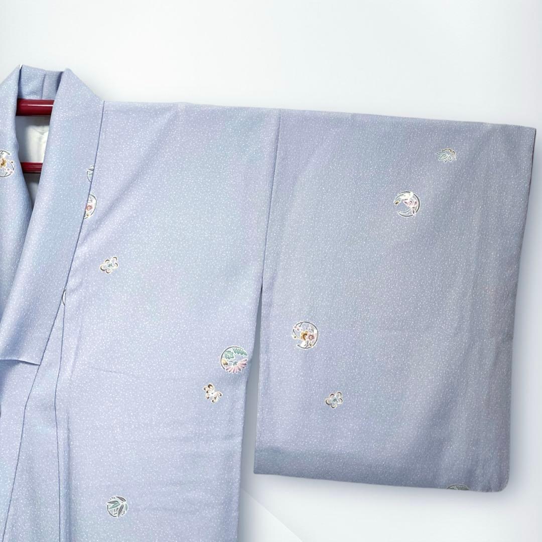 【美品✨】東レシルック　洗える着物　飛び柄小紋　空色鼠　四季花丸文　ⅯサイズM4