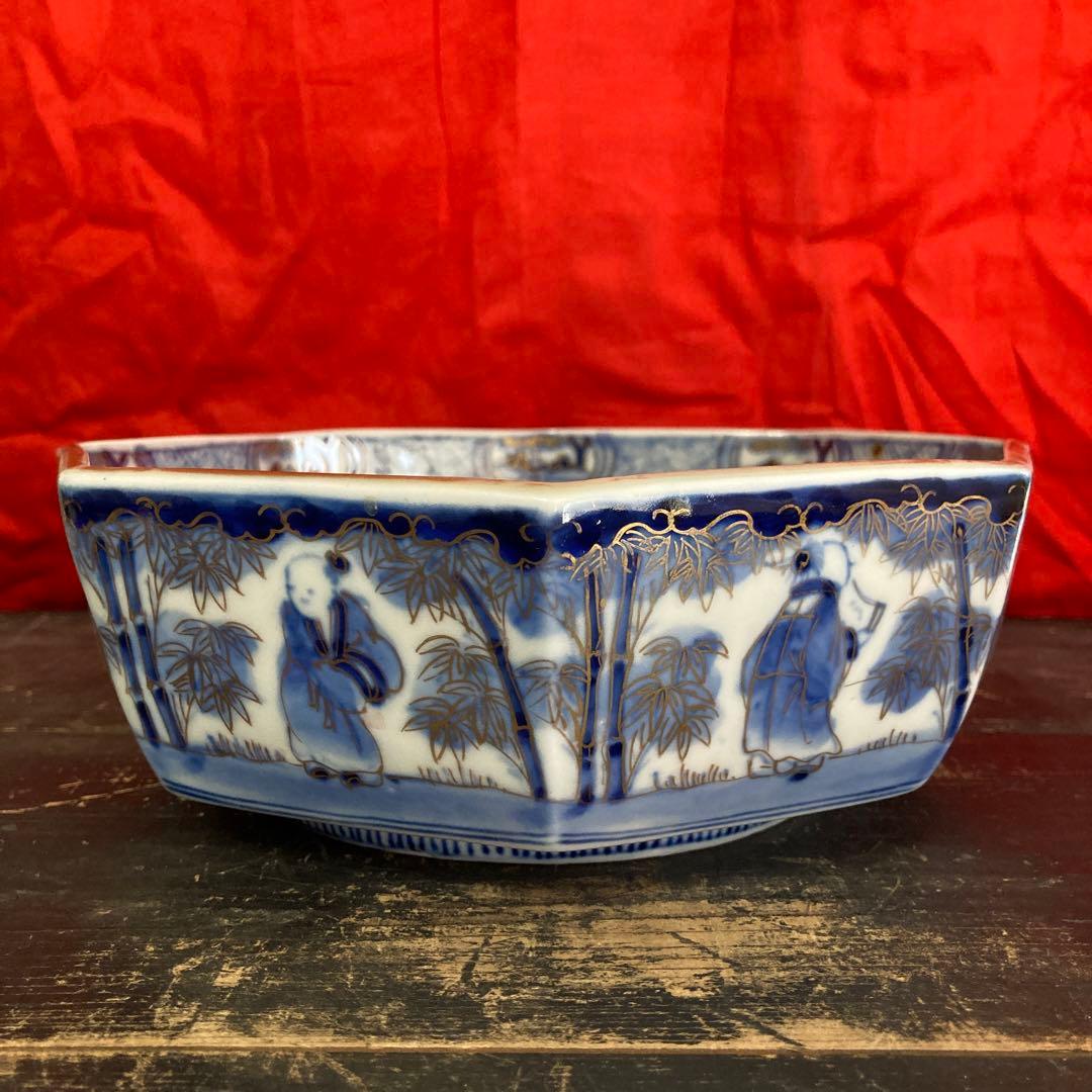 古伊万里　色絵金彩　八角鉢　龍鳳神獣蝶鹿竹林人物図　富貴長春　江戸期