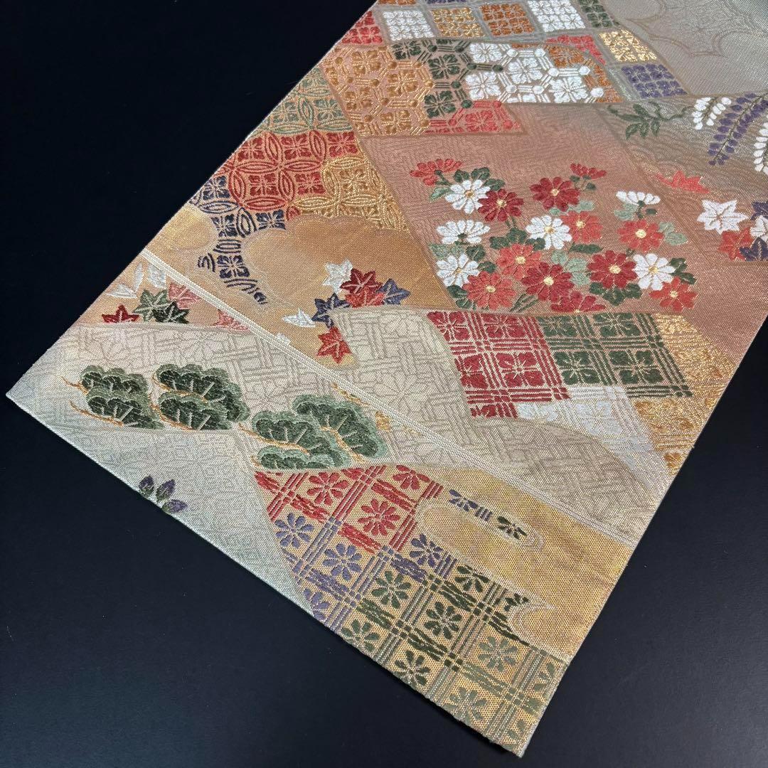 YU-034 袋帯 西陣織 藤 菊 楓 六通 正絹 名品 高級