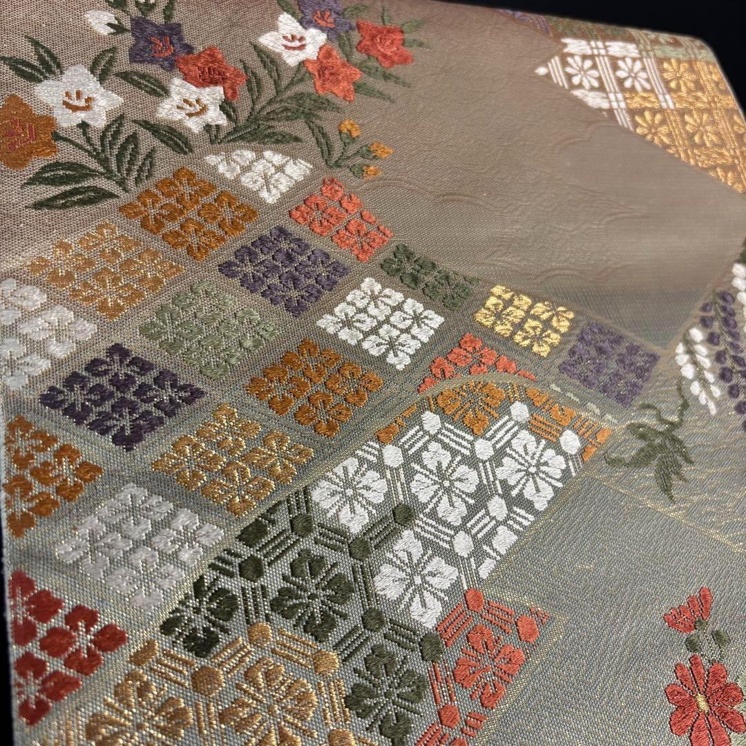 YU-034 袋帯 西陣織 藤 菊 楓 六通 正絹 名品 高級