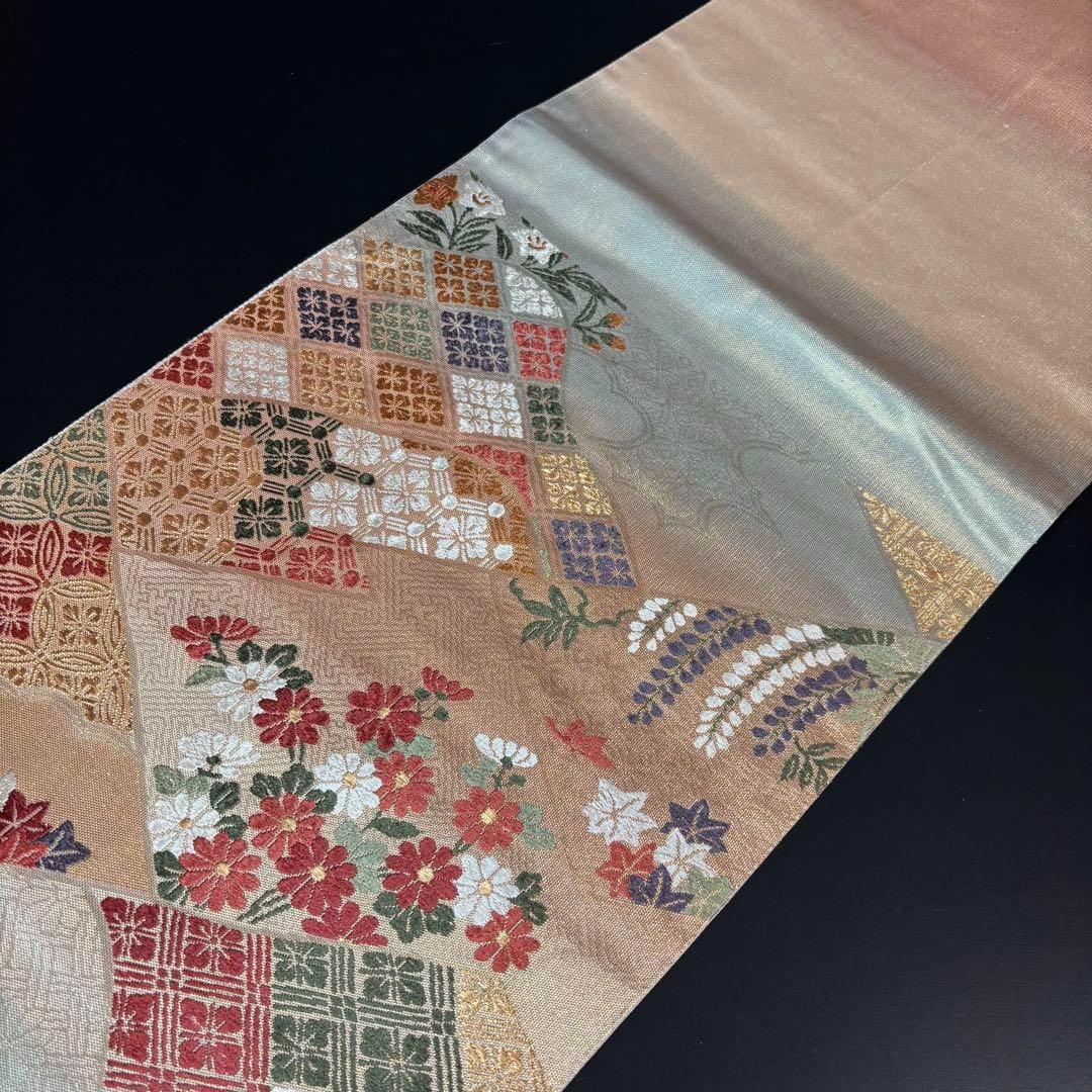 YU-034 袋帯 西陣織 藤 菊 楓 六通 正絹 名品 高級