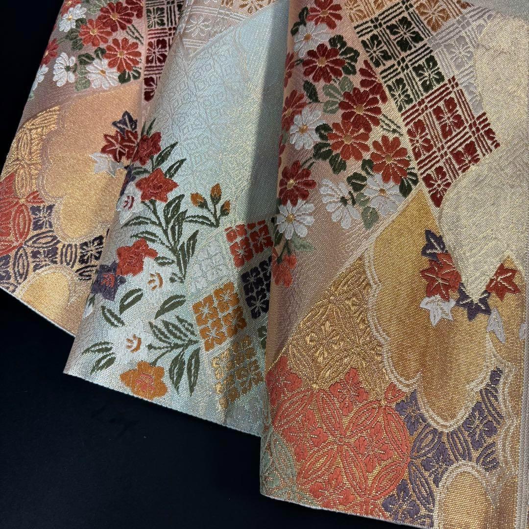 YU-034 袋帯 西陣織 藤 菊 楓 六通 正絹 名品 高級