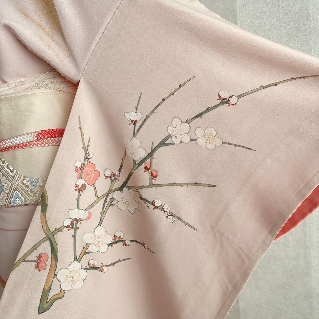 訪問着　フルセット　着物　正絹　手描き　難あり　練習用　梅枝　落款　J1