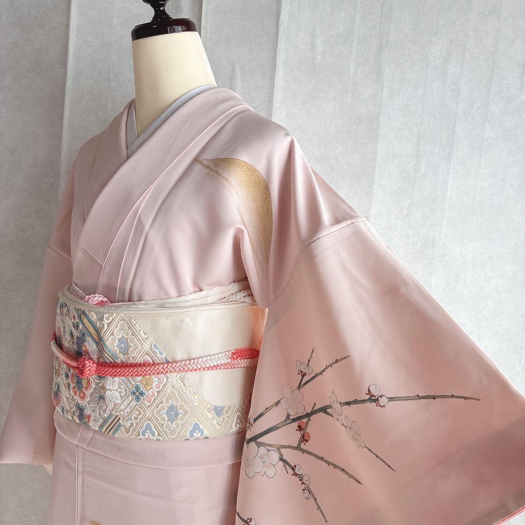 訪問着　フルセット　着物　正絹　手描き　難あり　練習用　梅枝　落款　J1