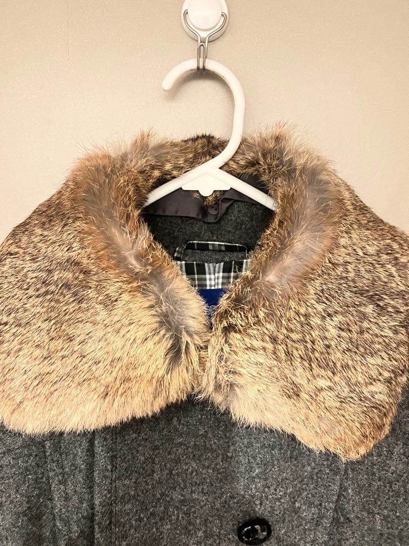 グレー ウール ピーコート ファー襟付き