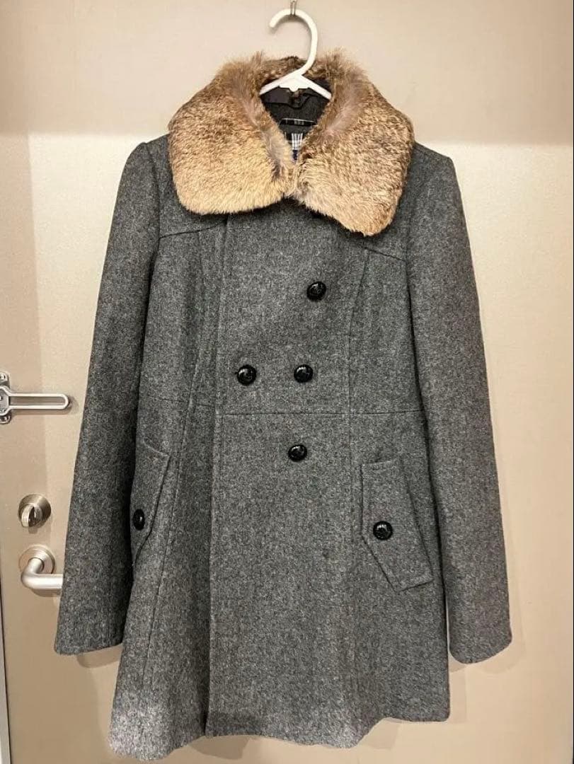 グレー ウール ピーコート ファー襟付き