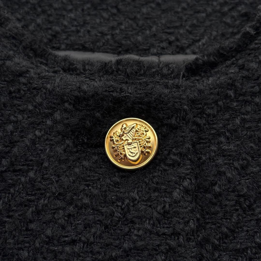 ラウンジドレス 金ボタン ノーカラー ツイードジャケット 黒 ブラック 卒入学