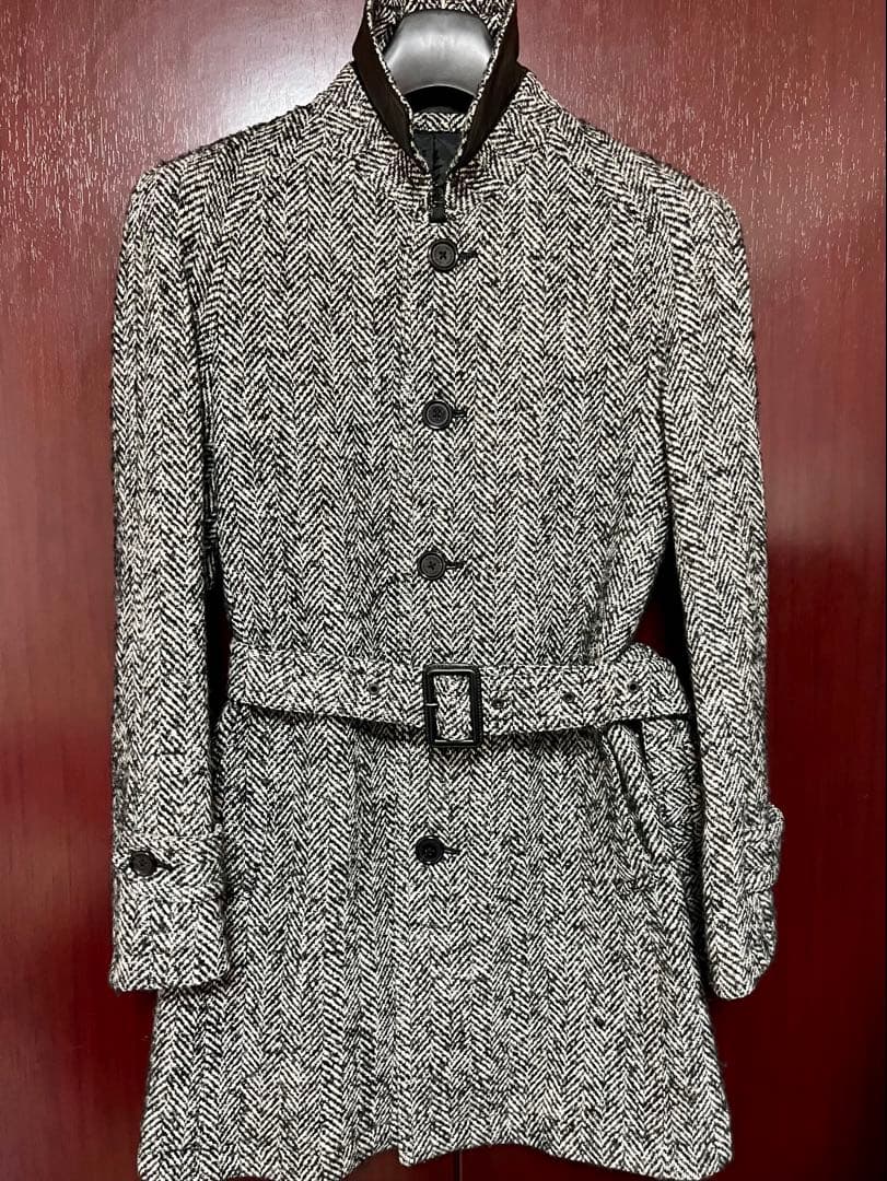 美品エレガントバーバリーブラックレーベルツイードヘリンボーンウールコート