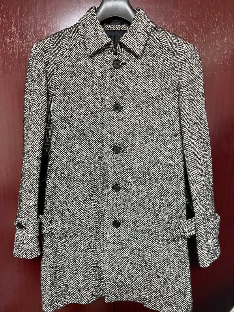 美品エレガントバーバリーブラックレーベルツイードヘリンボーンウールコート