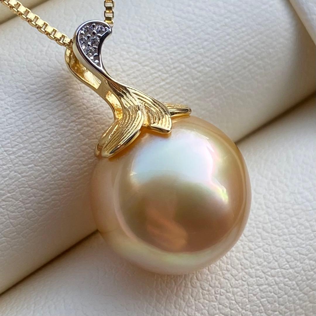 本真珠　南洋白蝶真珠ネックレストップ　大珠13.3mm茶金PT917