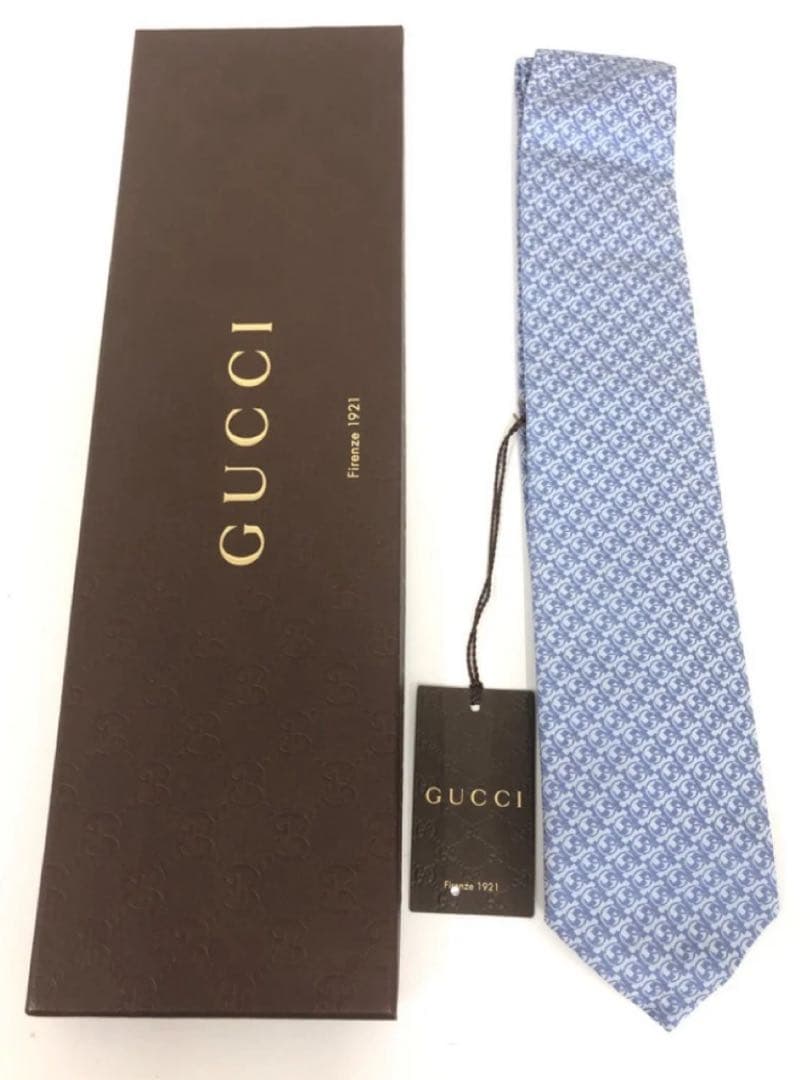 GUCCI ブルーパターンネクタイ 箱付き・タグ付き